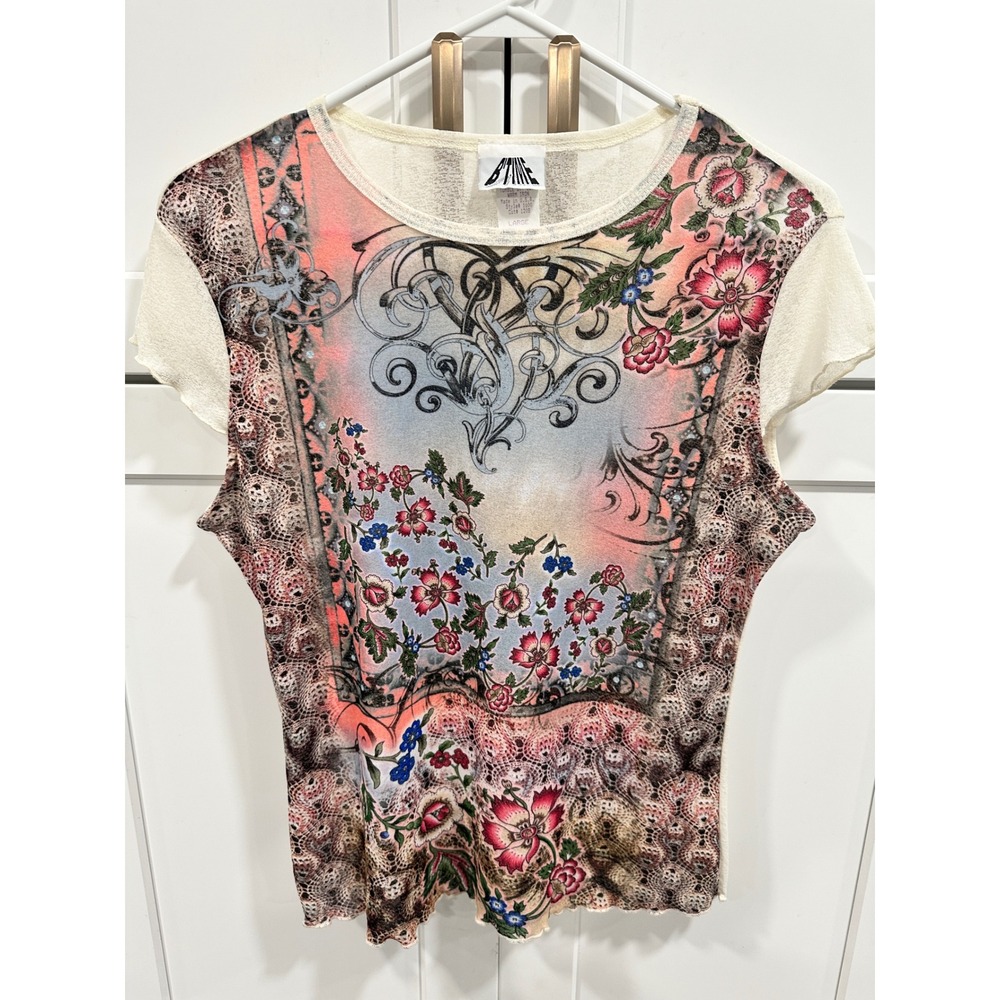 Vintage Floral Mesh Top Y2K Cap Sleeve Lettuce Edge Pink Blue Large